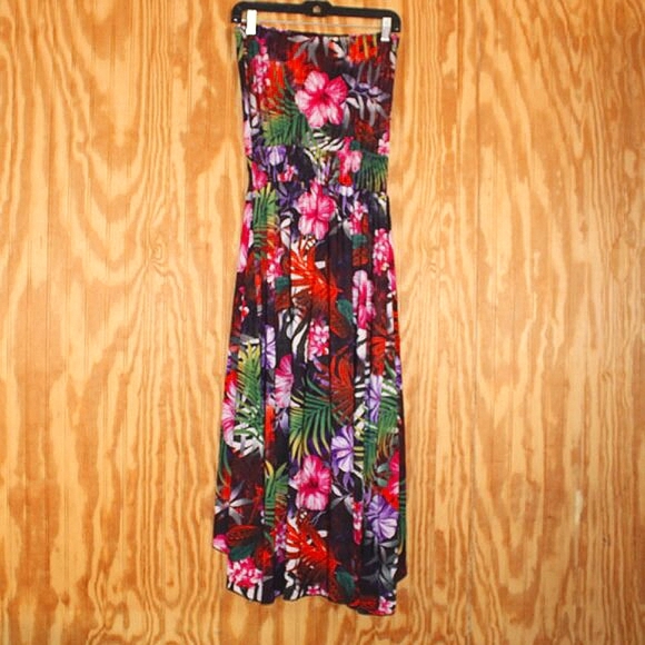 🌺 Just Love Strapless Maxi Dress L — Tropical Hibiscus High-Low Hem 🌴 - Picture 2 of 9